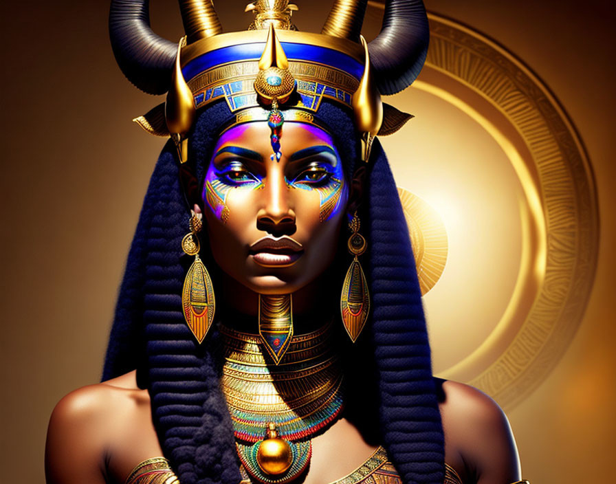 Digital illustration: Egyptian queen with headdress, jewelry, and makeup on golden backdrop