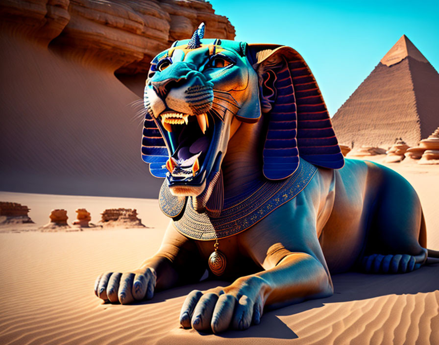 Colorful stylized sphinx with open mouth and ornate headpiece in front of pyramids under