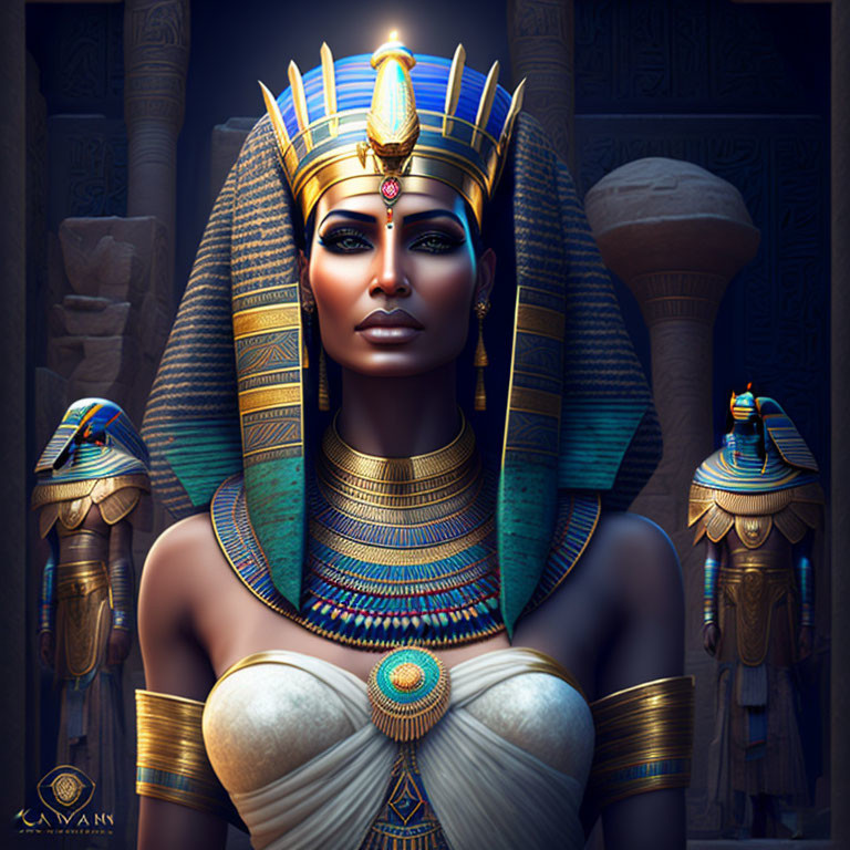 Egyptian queen digital art with traditional headdress and temple backdrop