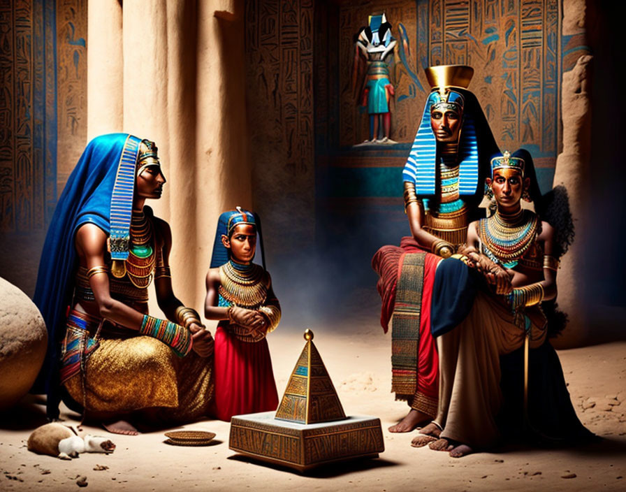 Four People in Ancient Egyptian Attire Inside Temple with Hieroglyphics and Deity Statue