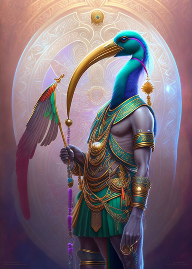 Vibrant blue and gold anthropomorphic bird in intricate armor with ornate staff