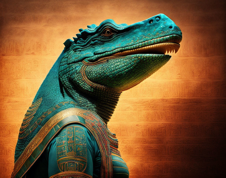 Colorful anthropomorphic blue crocodile in golden armor on orange backdrop