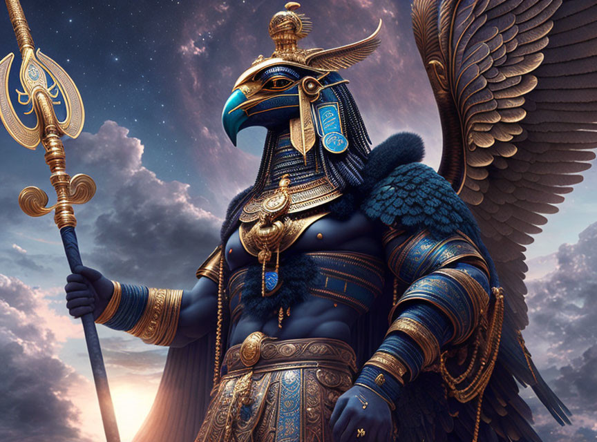 Anthropomorphic bird in Egyptian armor with wings and staff on dramatic sky backdrop