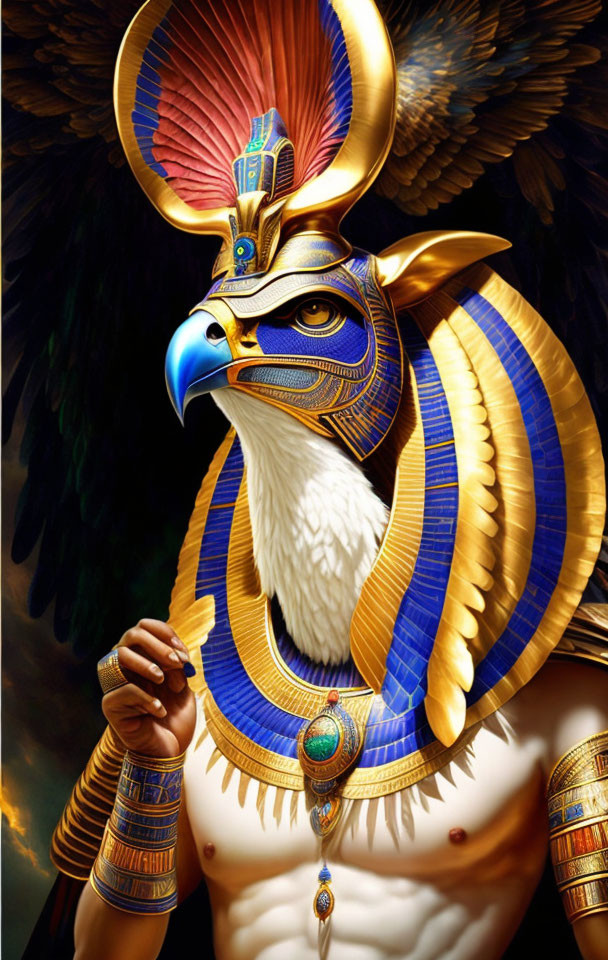 Colorful anthropomorphic figure with eagle head in Egyptian attire