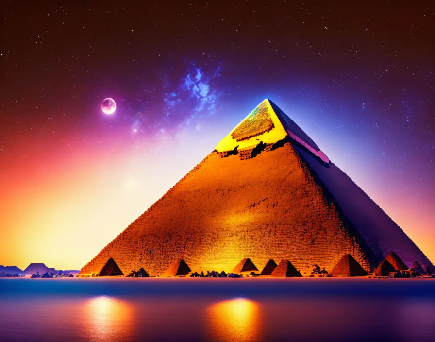 Nighttime view of Great Pyramid of Giza with lunar eclipse, stars, and water reflection