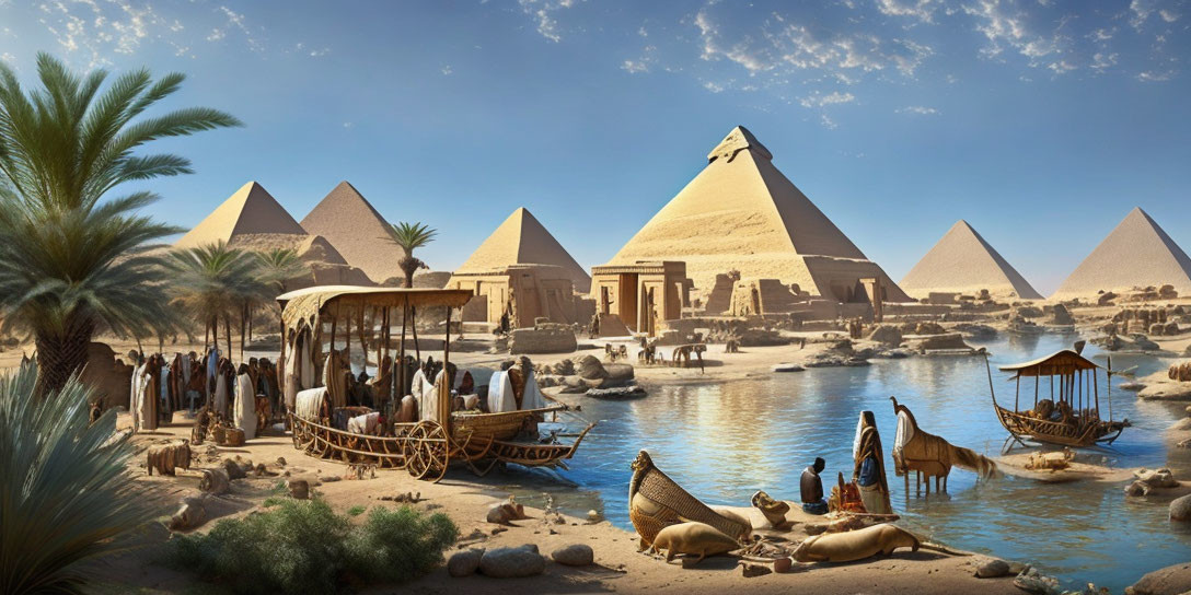 Ancient Egyptian riverside scene with pyramids, boats, trading, and animals.