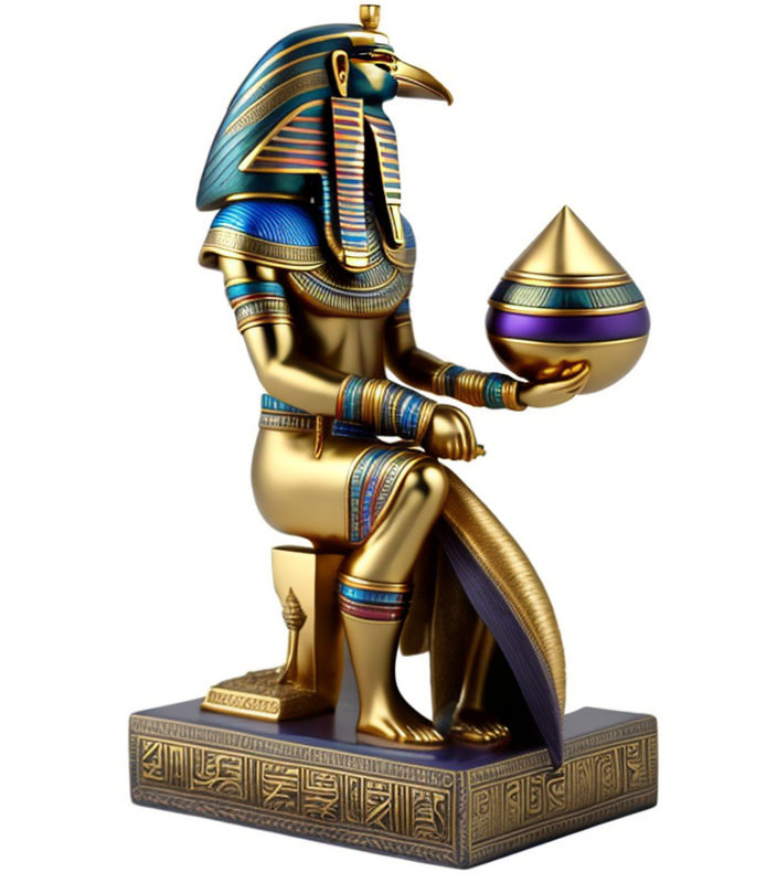 Colorful Ornate Statue of Egyptian God Horus Holding Ankh on Hieroglyph Base