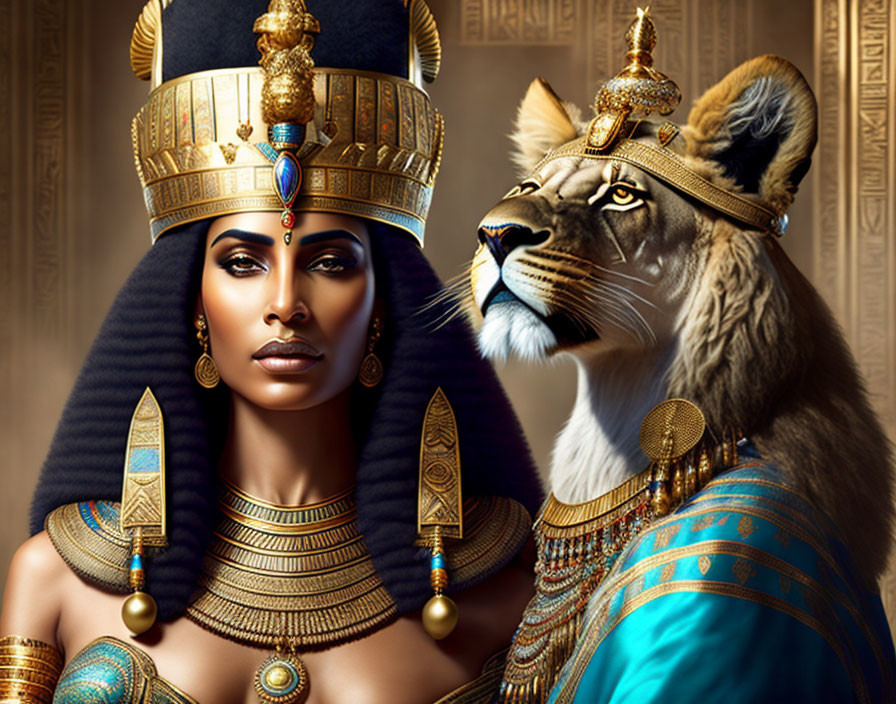 Regal woman and majestic lion in Egyptian attire fusion