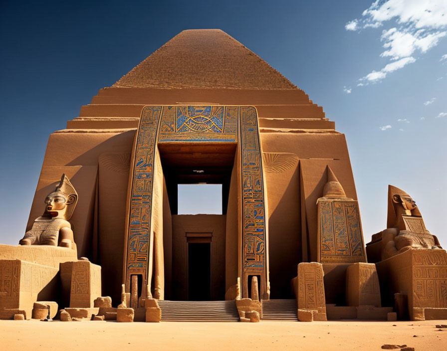 Ancient pyramid with hieroglyphics and statues under blue sky