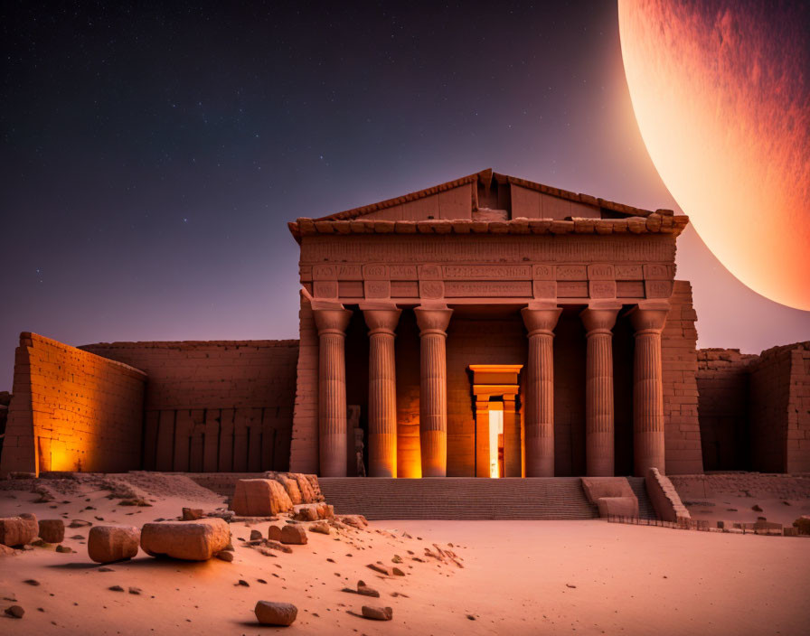 Ancient temple with columns under night sky and large planet in background