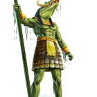 Green anthropomorphic crocodile in Egyptian attire with staff