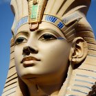 Ornate Egyptian statue with pharaoh's headdress under clear blue sky