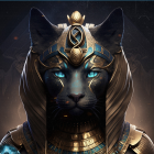 Digital artwork of cat with Egyptian god stylized features in golden headdress on starry background