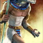 Anthropomorphic crocodile in Egyptian-style armor with spear on beach