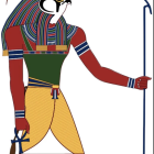 Ancient Egyptian deity illustration with traditional headdress and staff