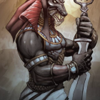 Anthropomorphic jackal-headed figure in Egyptian god Anubis style with ornate armor and staff