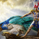 Fantasy warrior in ornate armor with giant eagle in dramatic sky