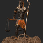 3D-rendered image of Anubis with black jackal head and golden armor