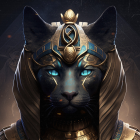 Regal cat in golden headgear with blue eyes on starry backdrop