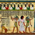 Vibrant Ancient Egyptian mural with figures, offerings, hieroglyphics, and gods