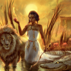 Regal woman in blue and gold gown with lions and throne in surreal golden setting