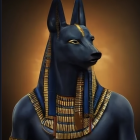 Anthropomorphic black canine with Egyptian-style golden jewelry on brown backdrop