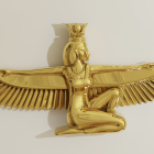 Golden Angel Statue with Outstretched Wings and Draped Robe Against Plain Background