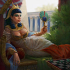 Egyptian queen in regal attire with golden Anubis-headed dog in luxurious ancient decor