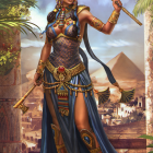 Egyptian goddess in traditional regalia at ancient temple columns