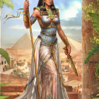 Digital illustration of ancient Egyptian queen in traditional regalia with headdress, jewelry, and royal scepter