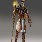 Anthropomorphic bird character in Egyptian warrior attire with golden armor and blue accents