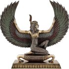 Vibrant Egyptian goddess Isis statue with outstretched wings and traditional attire on white background