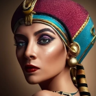 Vibrant red and turquoise headscarf on woman with gold jewelry and dramatic eye makeup.