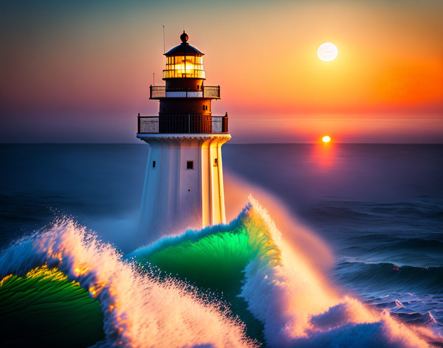 Picturesque lighthouse against crashing waves at sunset