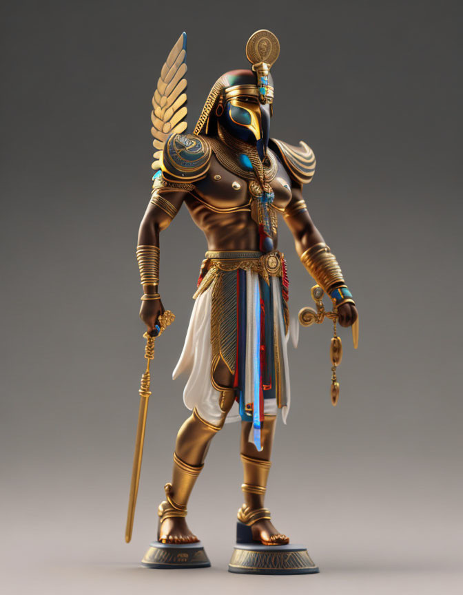 Anthropomorphic bird character in Egyptian warrior attire with golden armor and blue accents