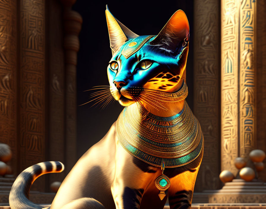 Cat with Pharaoh-like Headdress in Ancient Egyptian Temple