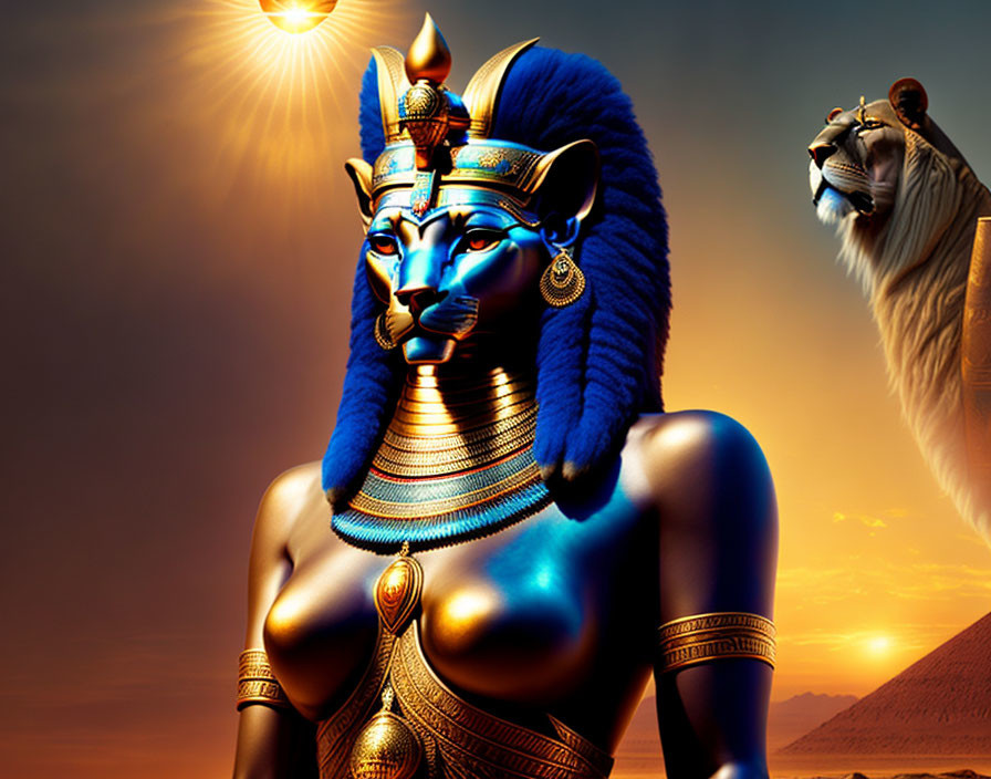 Female figure with lion body, Egyptian headdress, and jewelry against sunset backdrop.