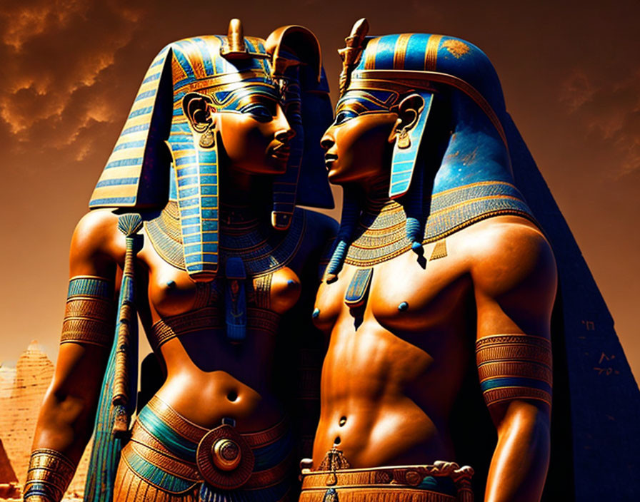 Ancient Egyptian statues with pharaoh headdresses and pyramid backdrop