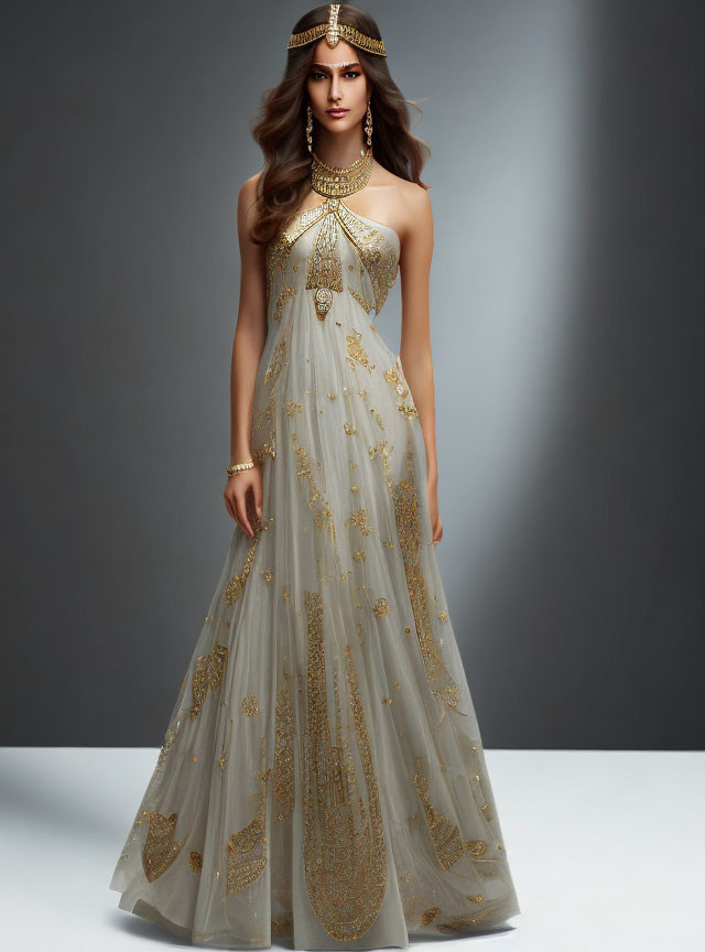 Elegant woman in beige and gold gown with matching accessories on gray backdrop