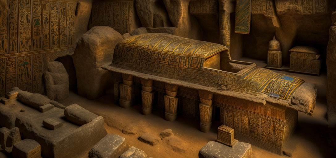 Ancient Egyptian sarcophagus with hieroglyphics in tomb.