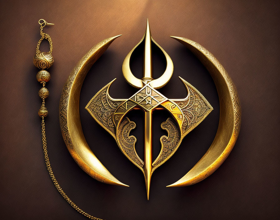 Golden Trident Symbol with Crescent and Earring on Brown Background