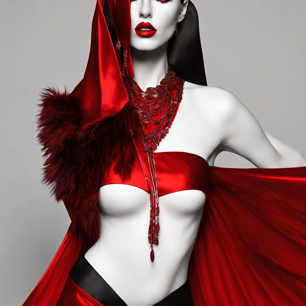 Grayscale image with vibrant red cloak and necklace detail