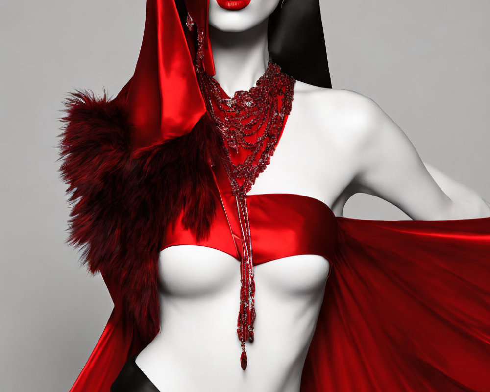 Grayscale image with vibrant red cloak and necklace detail