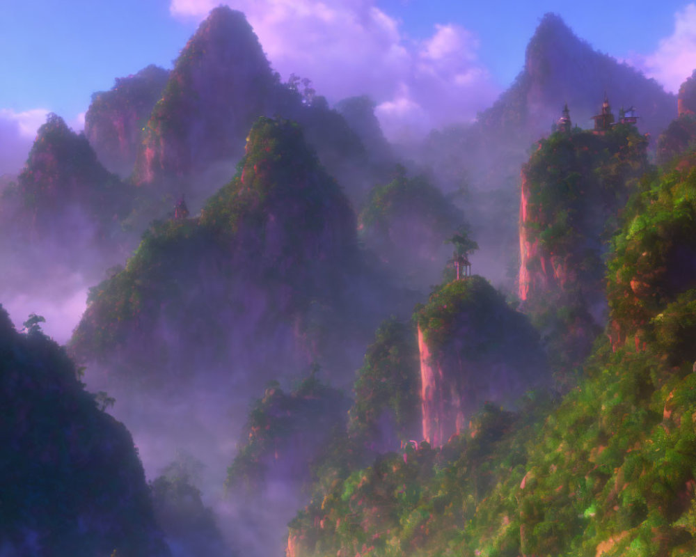 Mystical landscape of fog-shrouded karst mountains and traditional pagodas