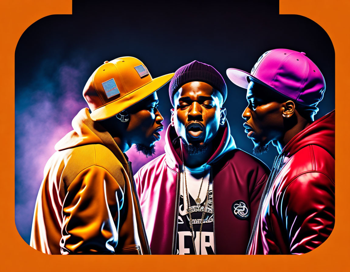 Three men in colorful streetwear discussing against orange backdrop