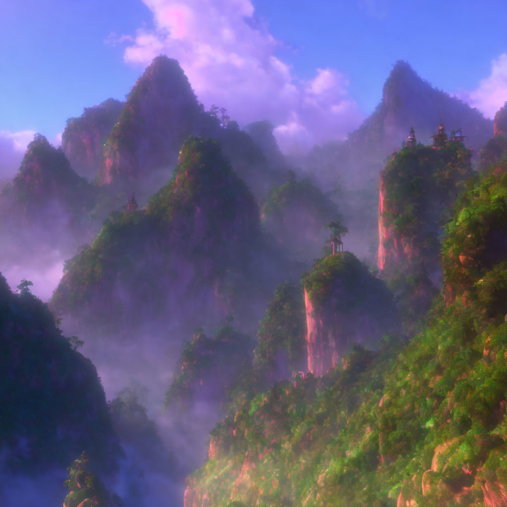 Mystical landscape of fog-shrouded karst mountains and traditional pagodas