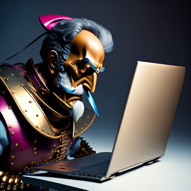 Stylized animated samurai with grey topknot using modern laptop