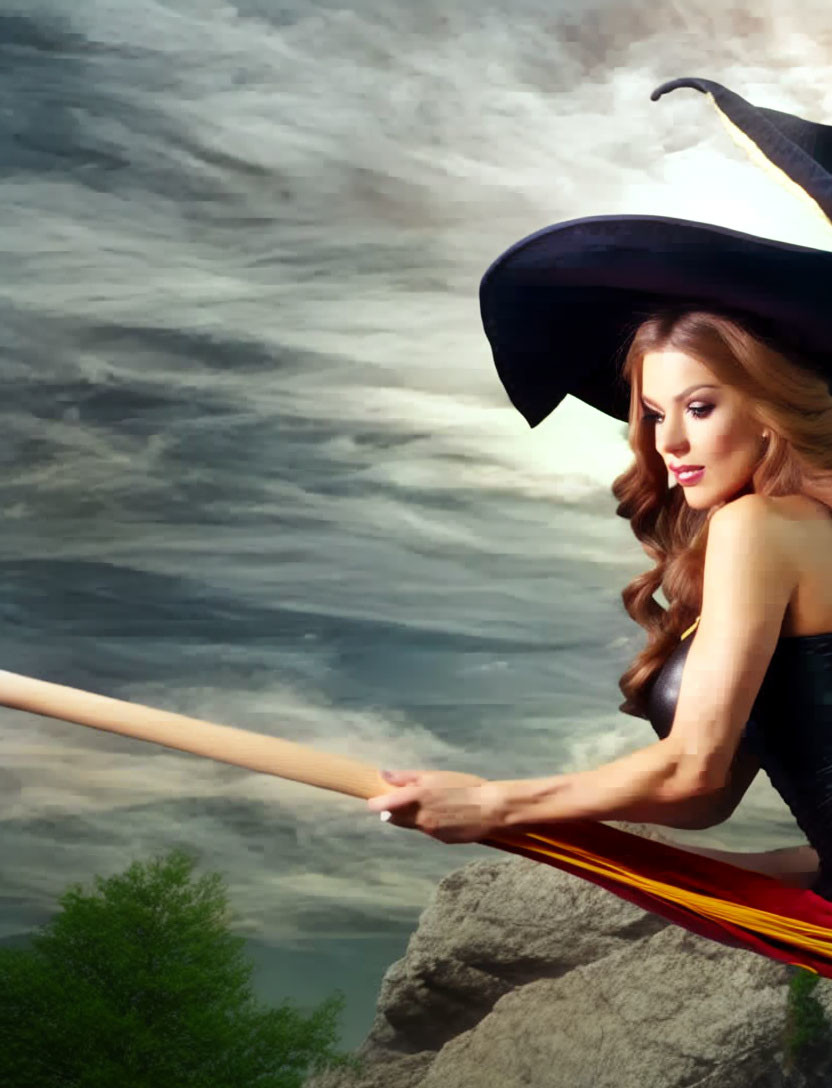 Person in witch costume flying against stormy skies and rocky terrain