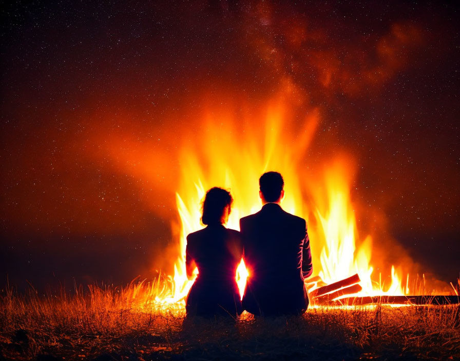 Nighttime scene: Two individuals by bonfire under starry sky