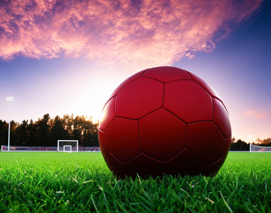 Red Soccer Ball on Grass Field with Goal and Sunset Sky